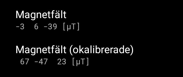 Mätvärden för magnetfält och okalibrerade magnetfält i mikrotesla på en digital enhet.