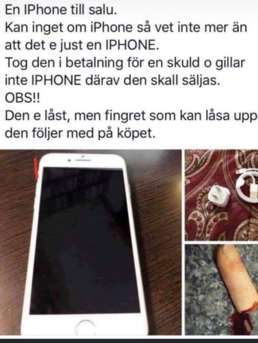 En iPhone på ett bord och ett avklippt finger bredvid för att låsa upp telefonen, humoristisk bild.