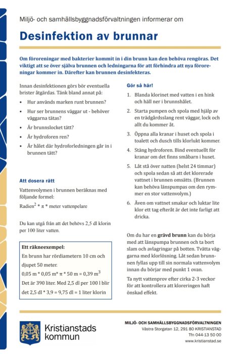 Informationsblad från Kristianstads kommun om desinfektion av brunnar med beräknings exempel och instruktioner.