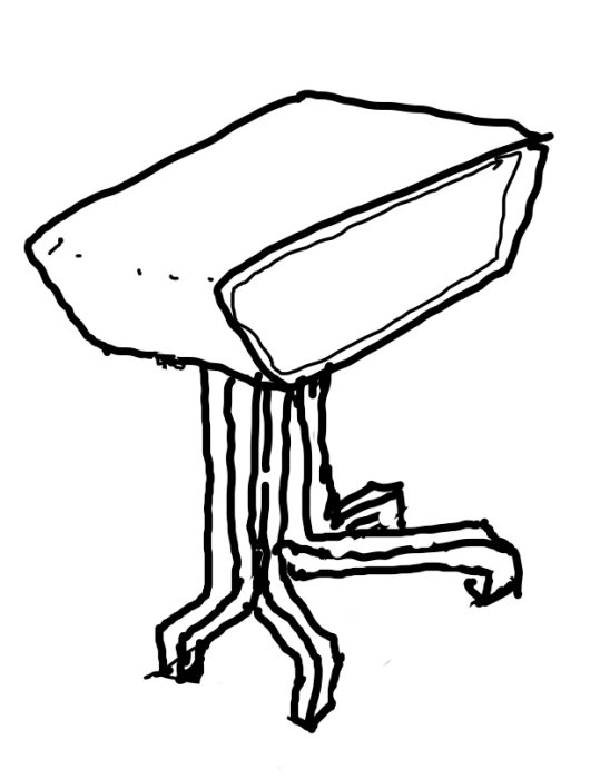Kladdig skiss av ett skåp med fyra slitsade ben och en sarg nära golvet i Thunderdome-stil.