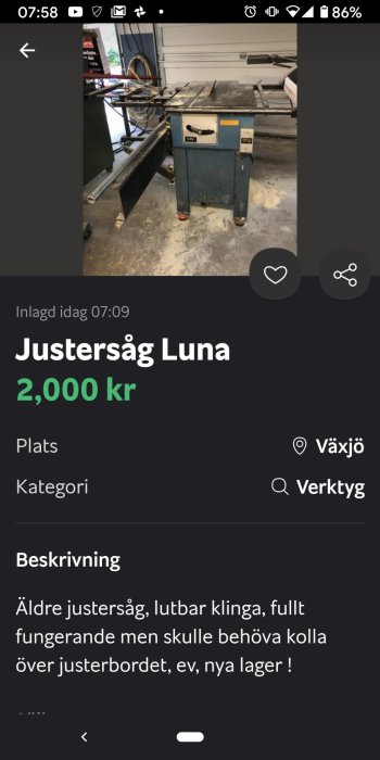 Äldre justersåg märke Luna till salu för 2000 kr med lutbar klinga, i behov av översyn.