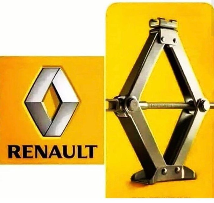 Renault-logotypen jämförd med en fönsterhissmekanism som liknar logotypens form.