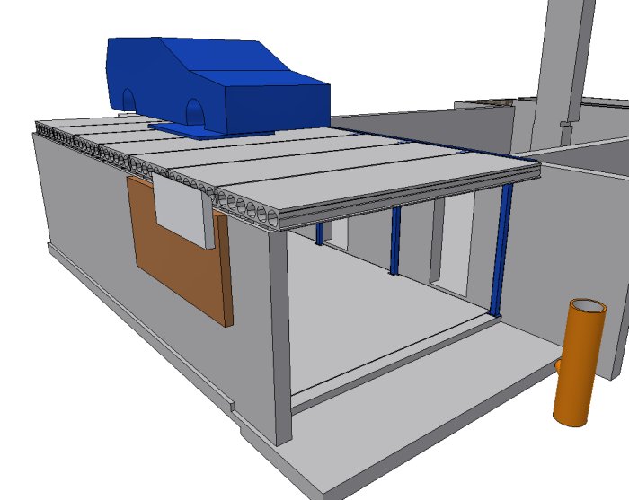 3D-modell av ett framtida byggprojekt i souterräng med skjutglasparti och förråd.