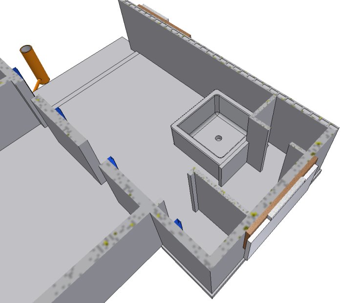 3D-skitse af et planeret souterrängprojekt med rum och skjutglasparti.