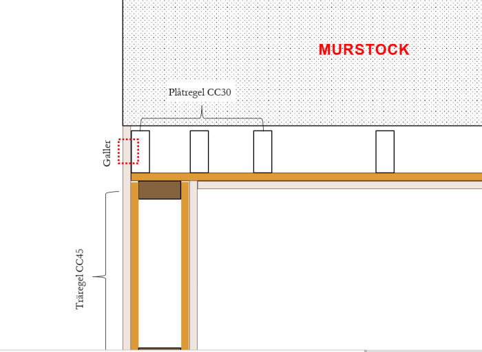 Ritning av en väggkonstruktion nära en murstock med plåt- och träreglar samt utsparing för galler.