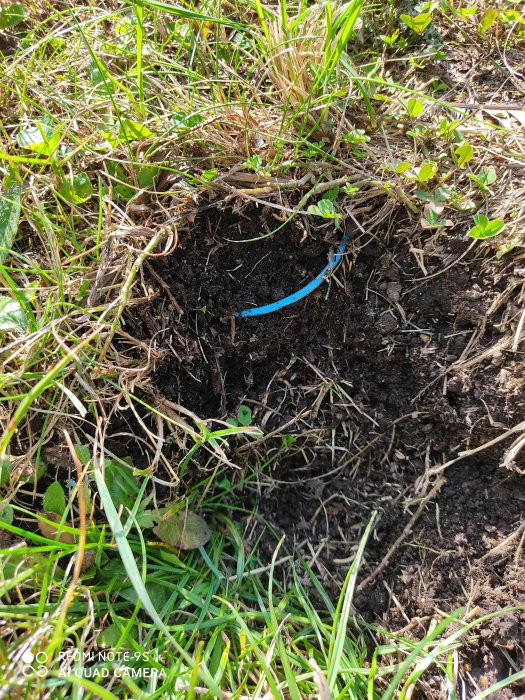 En grävd grop i en gräsmatta med en blå kabel synlig några centimeter under jordytan.