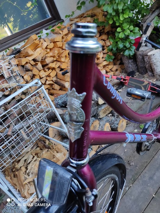 Delvis demonterat styre på en vinröd, begagnad cykel med en stockvedsbakgrund.