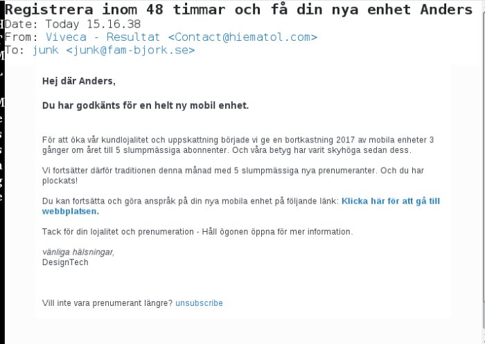 Skärmbild av ett e-postmeddelande som informerar mottagaren om att de har vunnit en ny mobil enhet.