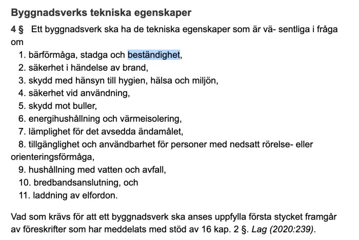 Textdokument som visar en lista över tekniska egenskaper för byggnadsverk enligt svensk lagstiftning.