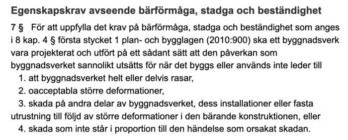 Text från lagstiftning om byggnaders bärkraft, stadga och beständighet enligt PBL.