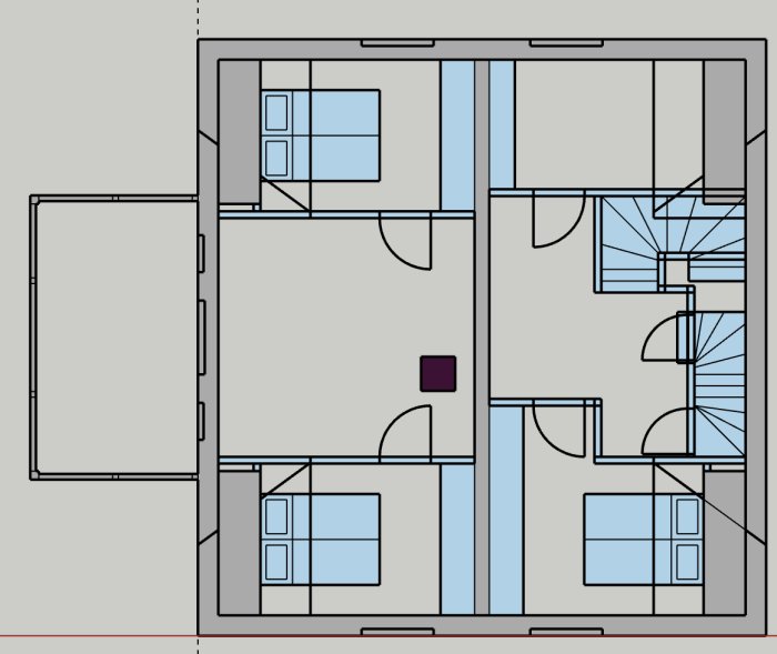 Arkitektritning av ett tvåvånings fritidshus, med möjlig handikappanpassning, och osäkra bärande konstruktioner.