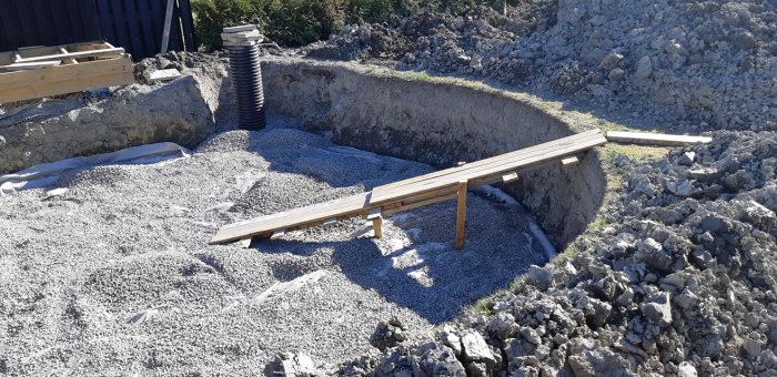En grävd poolgrund med blålera, grus och träplankor under konstruktion i soligt väder.