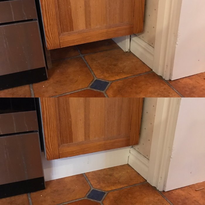 Köksskåp före och efter rengöring med tillsatta vita socklar mot en tegelröd klinkergolv.