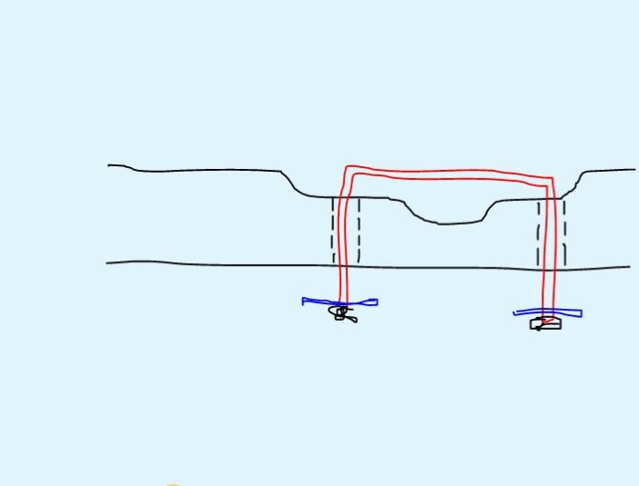 Ritad illustration av försänkta lyftöglor i en byggkonstruktion med röda och blå markeringar