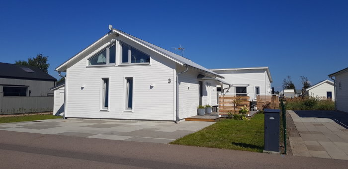 Nybyggt vitt sommarhus med snedtak och framskjuten veranda under en klarblå himmel.