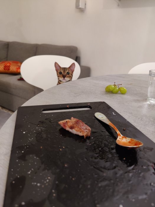 Katt tittar fram bakom bord med skärbräda med köttrester och vinglas på bordsskiva.