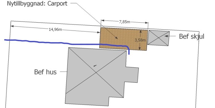 Situationsplan som visar befintligt hus, skjul, planerad carport och avloppsledningens rutt ut till gatan.