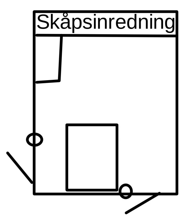 Enkel ritning av kökslayout med markerade positioner för strömställare och skåpsinredning.