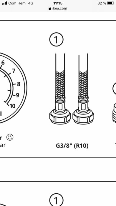 Teknisk ritning av blandarfästen med måtten G3/8" (R10) noterade.