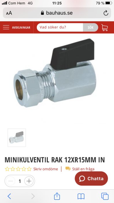 Rak minikulventil 12xR15mm avsedd för VVS-installationer, visad på en e-handelssida.