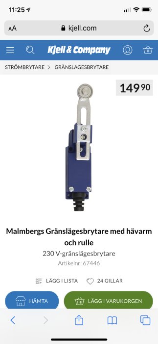 En Malmbergs 230V gränslägesbrytare med hävarm och rulle mot vit bakgrund.