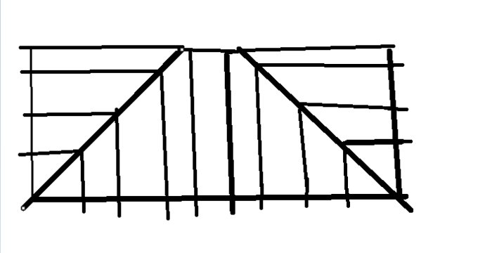 Skiss av takkonstruktion med diagonalbalkar och bjälkar anslutna i ett galler.