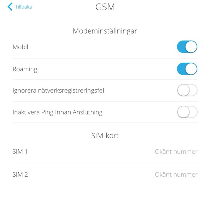 Skärmdump av modeminställningar i app, med alternativ för mobil, roaming och SIM-kort.