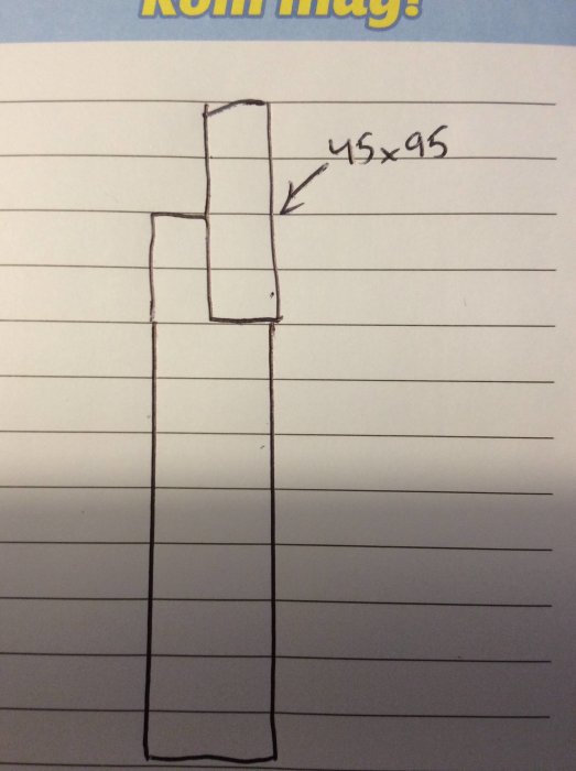 Teckning av stolpe urgröpt för bärlina med måtten 45x95, ritad på linjerat papper.