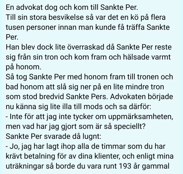 Skärmklipp av en text som skämtsamt beskriver en advokat som möter Sankte Per vid himmelens portar.