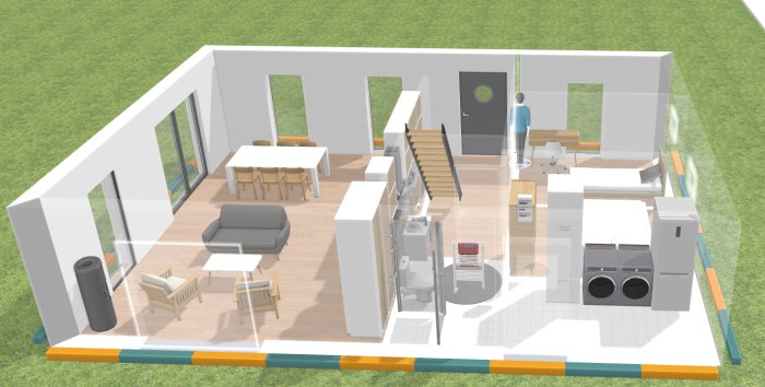 3D-ritning av en planlösning för ett fritidshus med möbler och markerad framtida trapp till ovanvåning.
