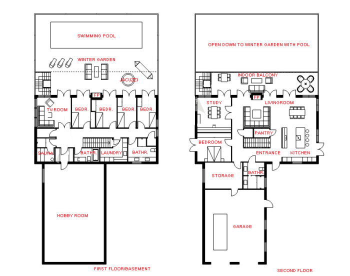 Arkitektonisk ritning av ett tvåvåningshus med pool, vinterträdgård, hobbyrum, och öppen planlösning.