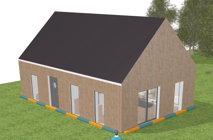 3D-modell av ett planerat ladhus-stil fritidshus med synliga dörrar och fönster samt person.