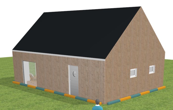 3D-modell av ett tvåvånings ladhusstil fritidshus i trä med svart tak och synliga fönster och dörrar.