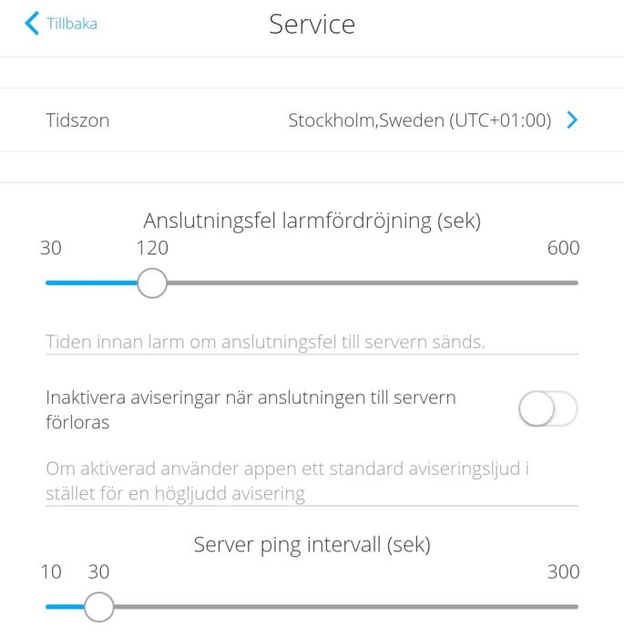 Skärmdump av serviceinställningar i en app med alternativ för tidszon, larmfördröjning och serverpingintervall.