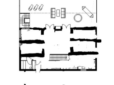 Ritning av en husplan med svartöverstrukna delar som är svåra att urskilja.