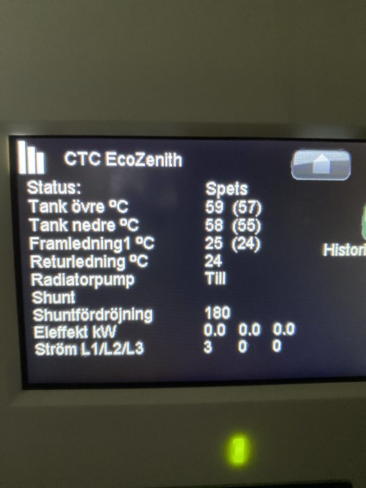 Display för CTC EcoZenith värmeanläggning som visar temperaturer, shuntinställningar och elanvändning.