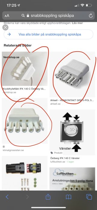 En skärmdump som visar tre elektriska 5-poliga kontakter ur olika webbutiker, en föreslagen för anslutning av spiskåpa.