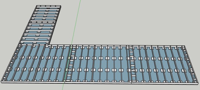 3D-modell av en konstruktion för trädäck med reglar och betongplattor som grund.