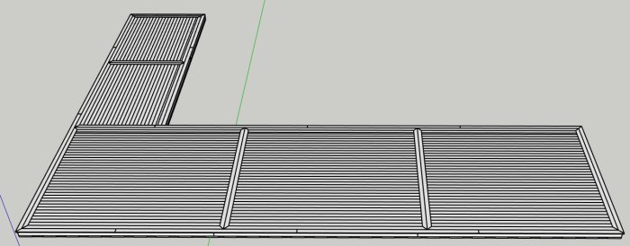 Skiss av ett trädäck med reglar och trall, inklusive grund av makadam och betongplattor, i ett planeringsstadium.