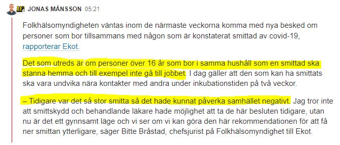Skärmdump av ett diskussionsinlägg om rekommendationer för hushåll med sjuka personer och samhällets respons.