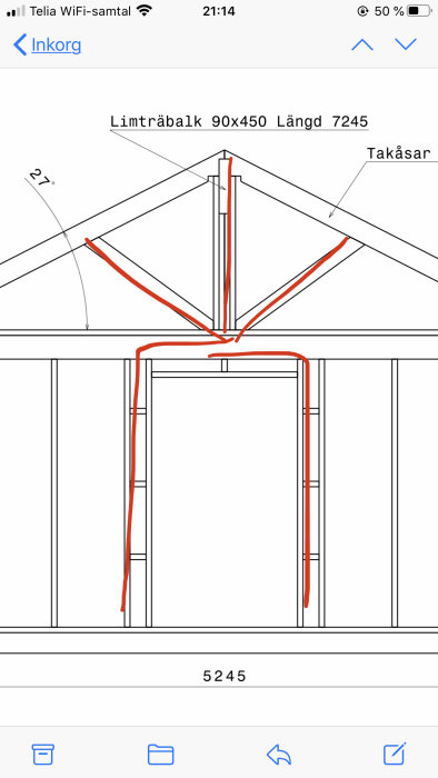 Ritning av takkonstruktion med mått och limträbalk markerade i rött.