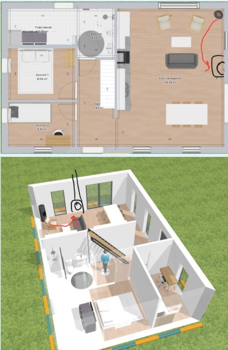 Två vyer av en husplan, övre bilden visar en översiktsritning och nedre en 3D-modell, med en markerad kamin i hörnet.