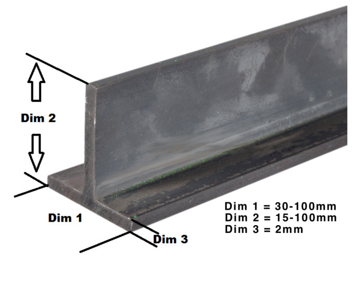 Stålbild på T-profil med märkta dimensioner för bredd och höjd (30-100 mm x 15-100 mm) samt godstjocklek på 2 mm.