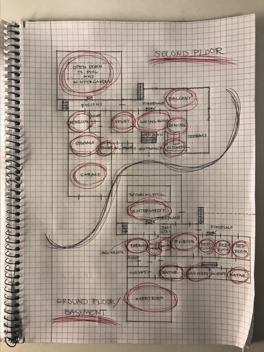 Handritad planlösning för hus med vinterträdgård och utsikt, markeringar och ändringar synliga.