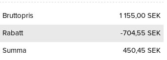 Fakturautdrag visar bruttopris, rabatt och summa för en NM3000-produkt i svenska kronor.