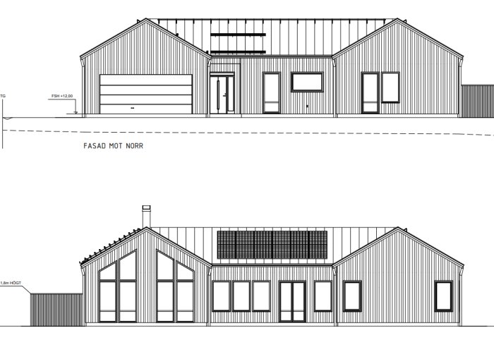 Arkitektonisk ritning av enplansvilla fasad mot norr med varierande takhöjder och fönsterplaceringar.