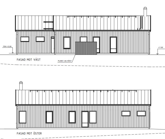 Planritningar av en villa med en fasad mot väst och en mot öster, illustrerar fönster och dörrplaceringar.