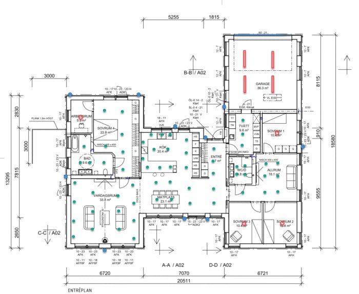 Arkitektritning av enplansvilla med utmarkerade platser för LED-spottar och rumsuppdelning.