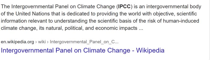 Skärmbild av Wikipedia-sida om IPCC som beskriver dess avsikt att förse med vetenskaplig information om klimatförändringar.