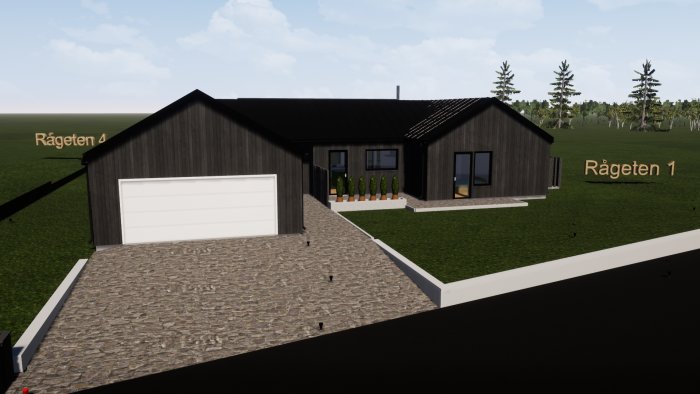 3D-rendering av en enplansvilla med mörk fasad, vita fönster och garageport, samt gräsmatta och uppfart.